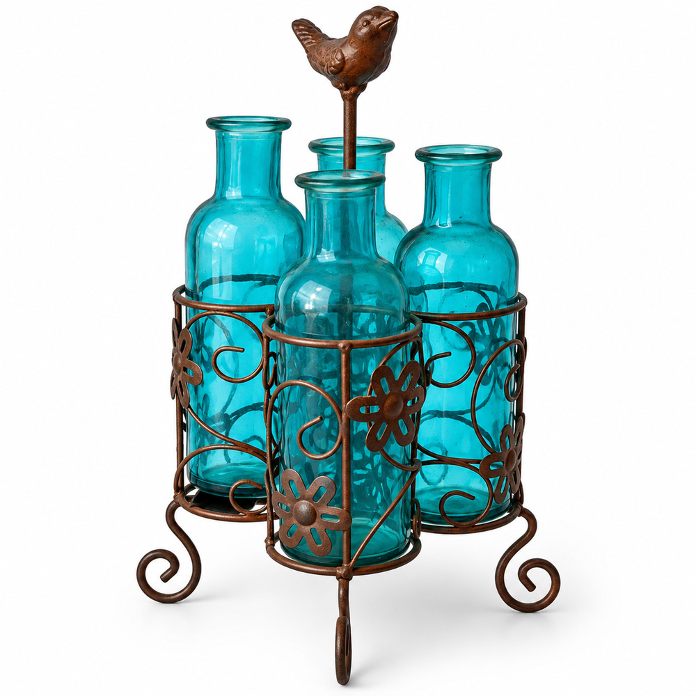 11" Decorative Turquoise Glass Bottle Vase Set Metal Caddy Bird Floral Scroll St